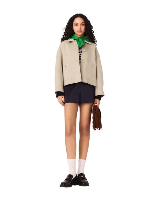 Maje Natural Short Pleated-Back Wool Jacket