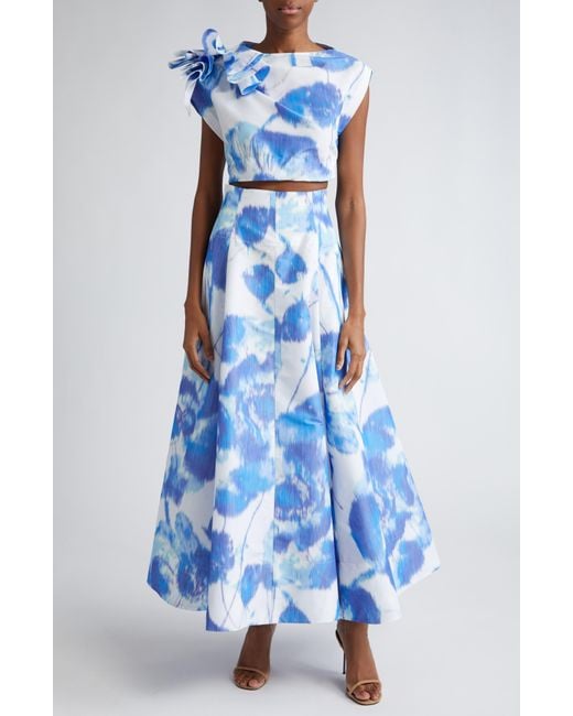 Lela Rose Blue Floral High Waist Maxi Skirt