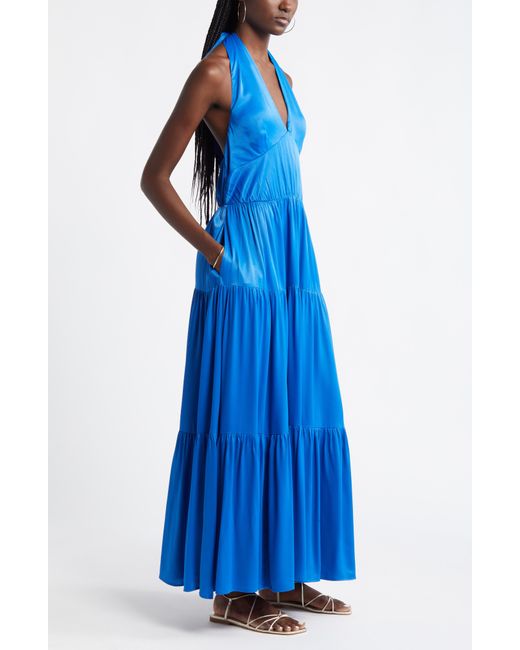 Nordstrom Blue Tiered Satin Halter Maxi Dress