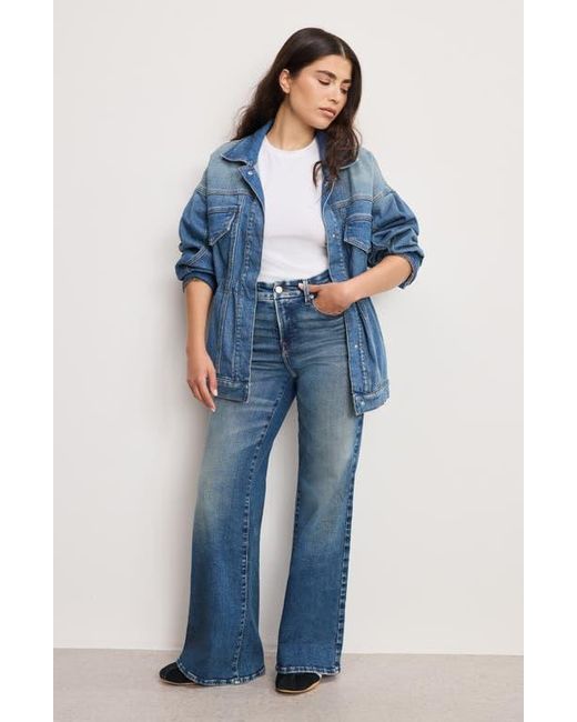 GOOD AMERICAN Blue Soft-Tech Good Petite Wide Leg Palazzo Jeans