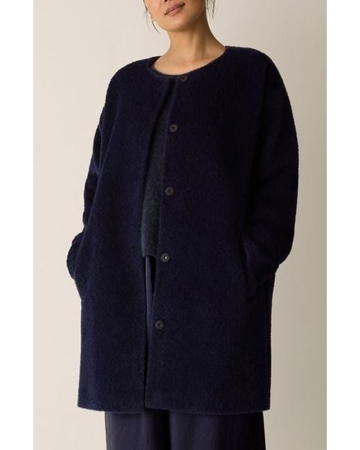 Eileen Fisher Blue Collarless Wool & Alpaca Blend Coat