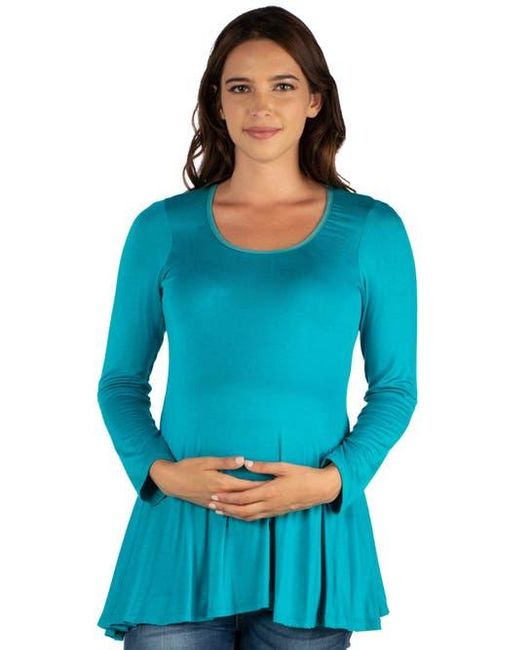 24seven Comfort Apparel Blue Maternity Long Sleeve Swing Style Flared Tunic Top