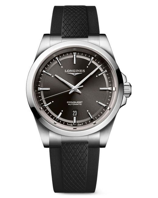 Longines Black Conquest Automatic Rubber Strap Watch, 41Mm for men