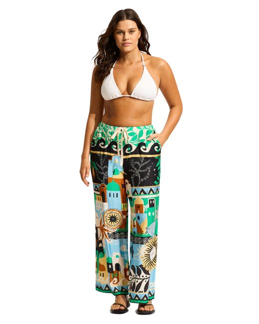 Seafolly Green Print Wide Leg Cover-up Pants