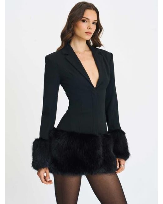 Miss Circle Black Wenona Faux Fur Trimmed V-Neck Mini Blazer Dress