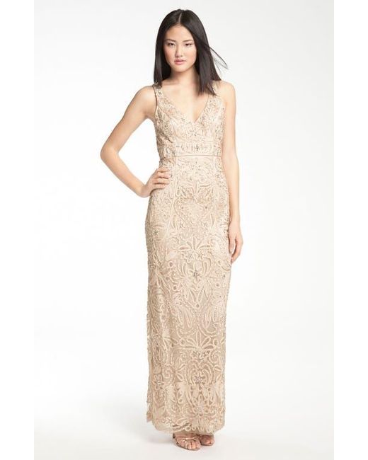 Sue Wong Natural V-Neck Embroidery & Bead Overlay Gown