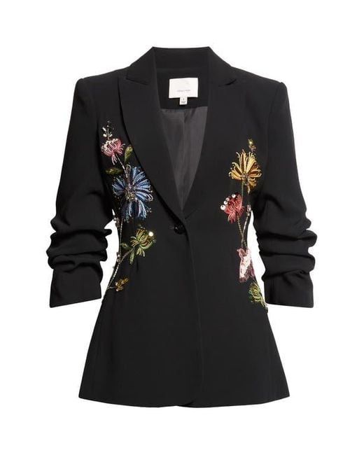 Cinq À Sept Black Sequin Floral Scrunched Sleeve Blazer