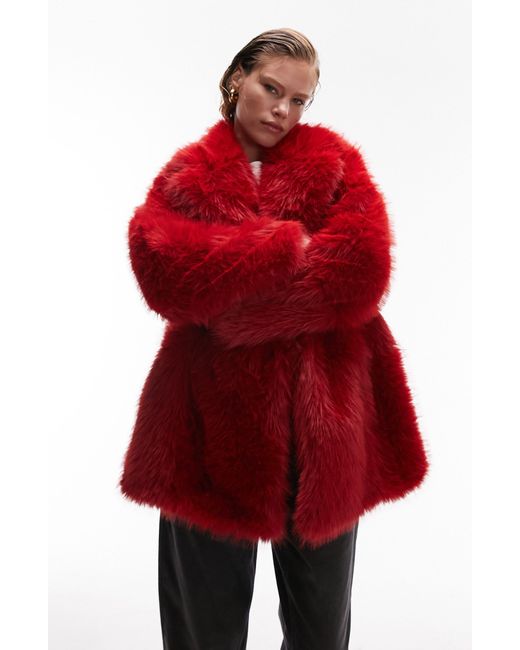 TOPSHOP Red Faux Fur Coat