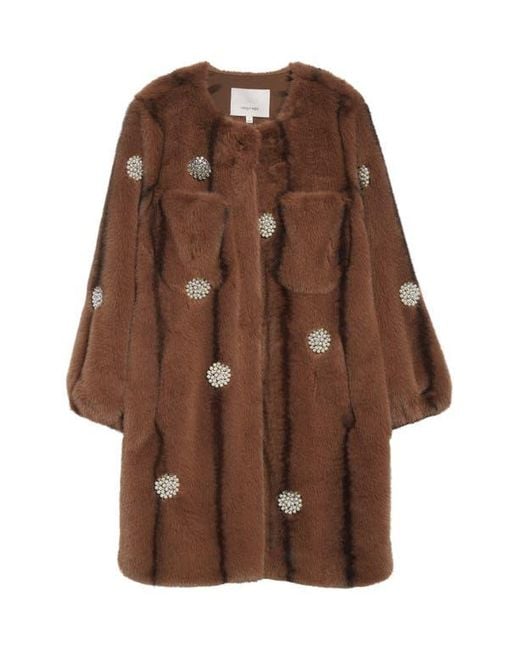 Cinq À Sept Brown Faux Pearl & Crystal Detail Faux Fur Coat