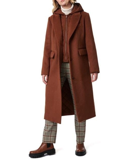 Bernardo Brown Long Coat With Hooded Quilted Bib