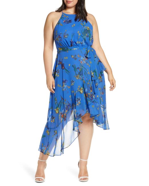 Cece Blue Watercolor Floral Halter Neck Asymmetrical Hem Dress