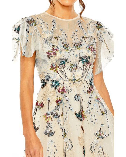 Mac Duggal Natural Flutter Sleeve High Neck Embellished Floral Dress