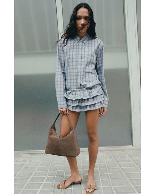 Mango Gray Ruffled Check Shorts