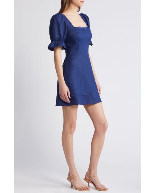 Reformation Blue Evianna Puff Sleeve Linen Dress