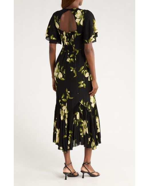 Reformation Black Salvia Floral Flutter Sleeve Mermaid Dress
