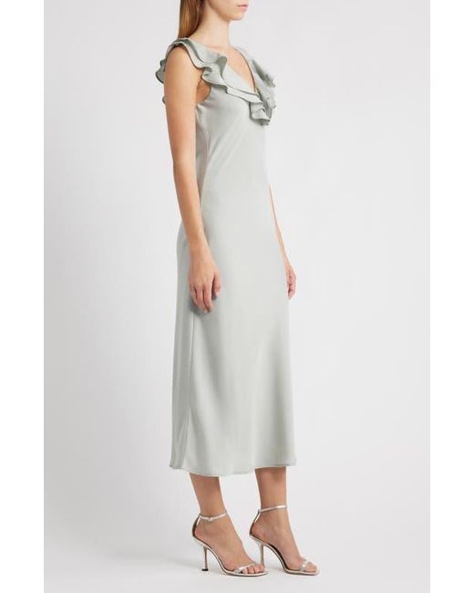 Wayf White Lida Ruffle Cap Sleeve Satin Midi Dress