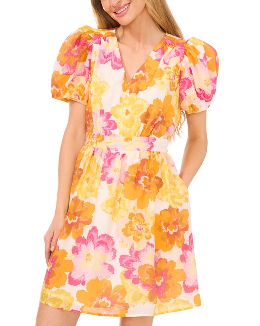 Cece Orange Floral Puff Sleeve Dress