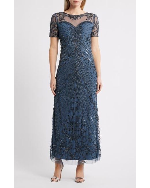 Pisarro Nights Women's Blue Illusion Beaded Mesh Column Gown
