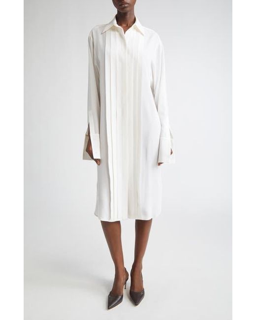 Michael Kors White Pleated Front Long Sleeve Silk Shirtdress