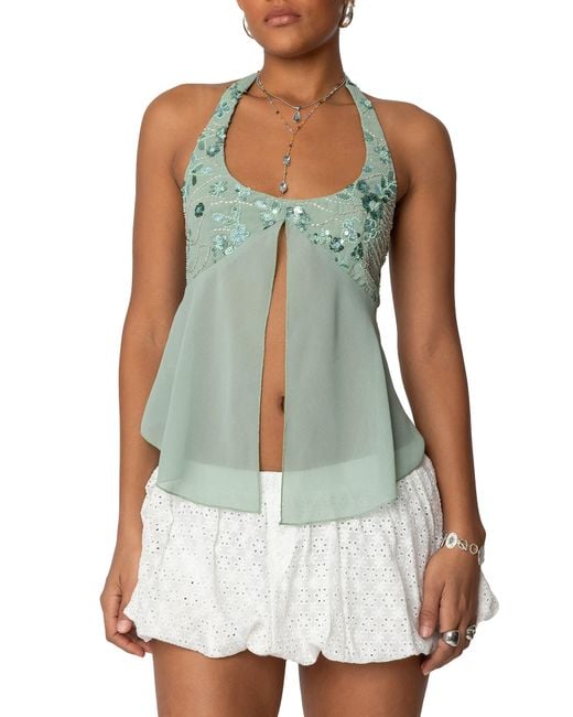 Edikted White Floral Sequin Split Chiffon Halter Top