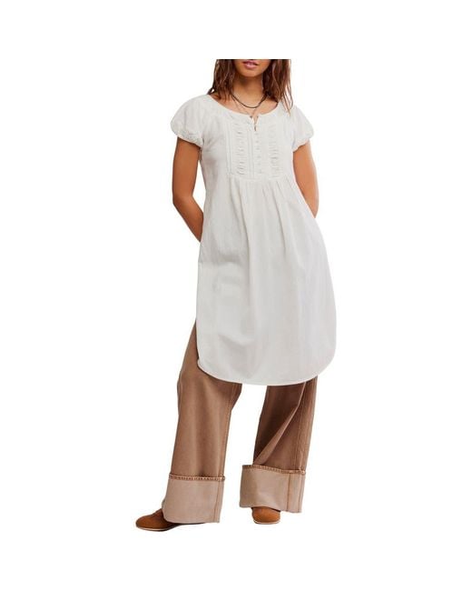 Free People White Fayre Puff Sleeve Cotton & Linen Tunic Top