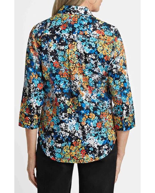 Foxcroft Blue Margie Floral Three-Quarter Sleeve Cotton Button-Up Shirt