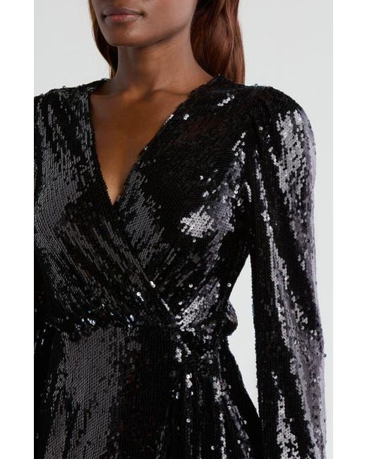 Wayf Black Flash Sequin Long Sleeve Faux Wrap Minidress