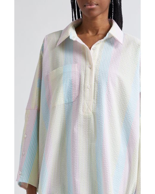 La Vie Style House White Pastel Stripe Cotton Seersucker Boyfriend Shirt