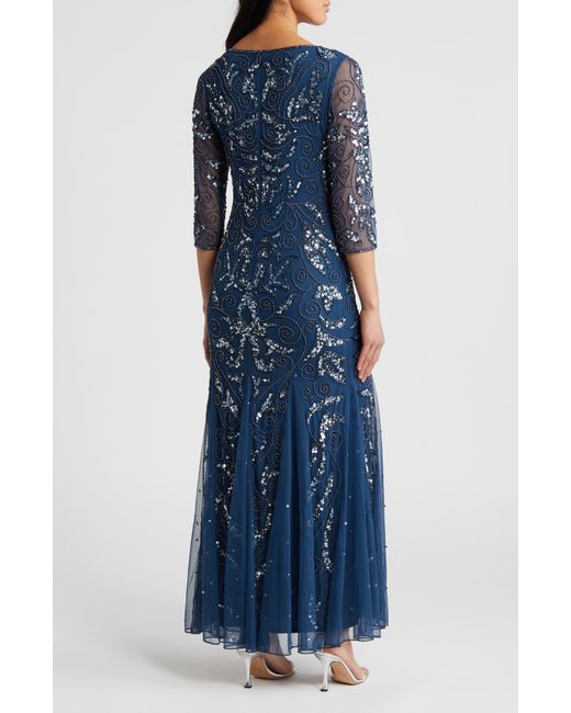 Pisarro Nights Blue Illusion Sleeve Beaded A-line Gown