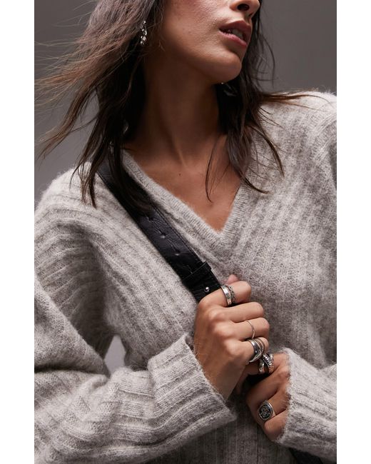 TOPSHOP Gray V-neck Ovoid Sleeve Rib Sweater