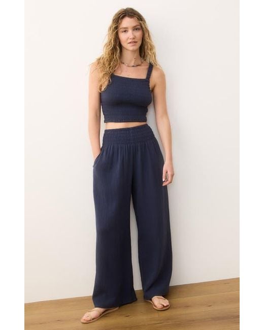 Marine Layer Blue Lila Smocked Cotton Gauze Camisole