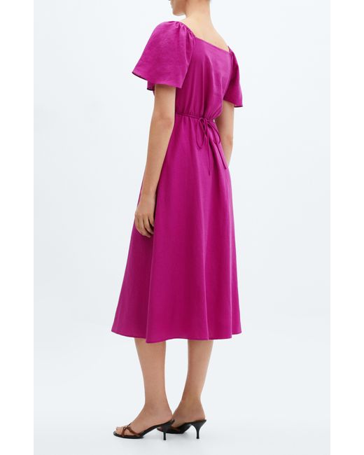 Mango Pink Flutter Sleeve Linen Blend Midi Dress