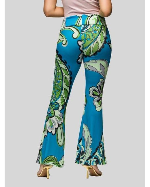 24seven Comfort Apparel Blue Paisley Print Bell Bottom Foldover Waist Pants