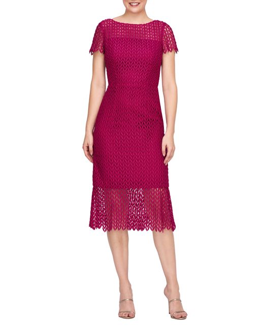 Kay Unger Red Tatum Floral Lace Midi Cocktail Dress