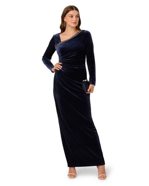 Adrianna Papell Black Asymmetric Long Sleeve Ruched Velvet Gown