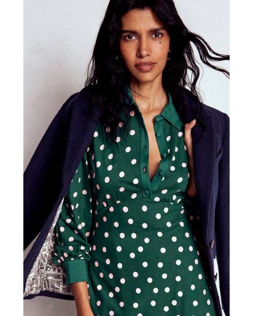 Boden Green Polka Dot Empire Waist Long Sleeve Dress