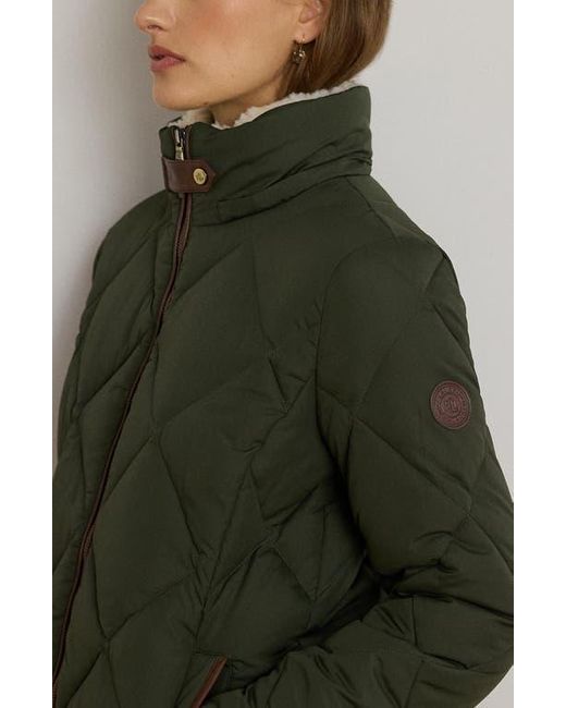 Ralph Lauren Green Diamond Puffer Coat With Faux Shearling Lining