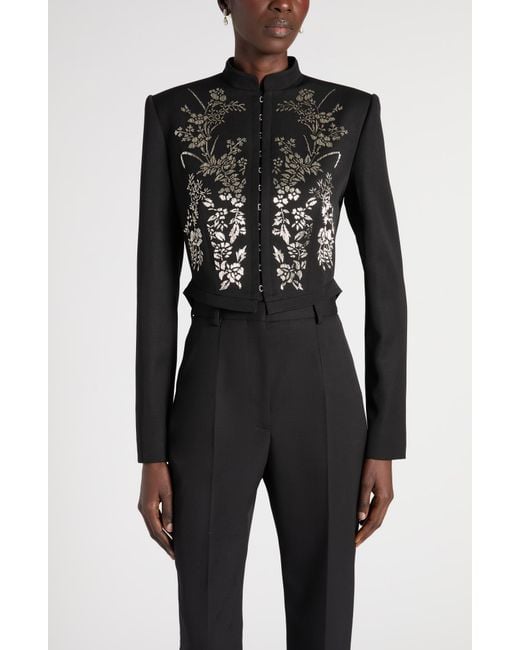 McQueen Black Beaded Floral Hook & Eye Wool Jacket
