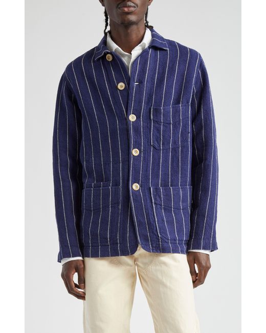 Drake's Blue Pinstripe Linen Chore Jacket for men