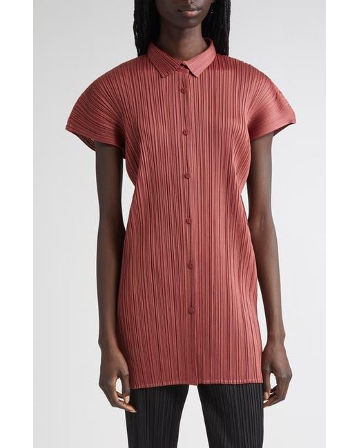 Pleats Please Issey Miyake Red Monthly Colors May Pleated Short Sleeve Shirtdress