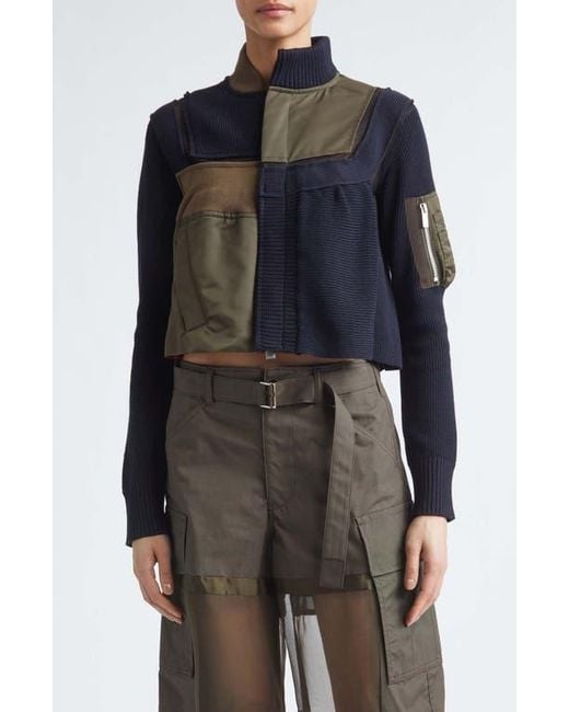 Sacai Black Patchwork Mixed Media Crop Jacket