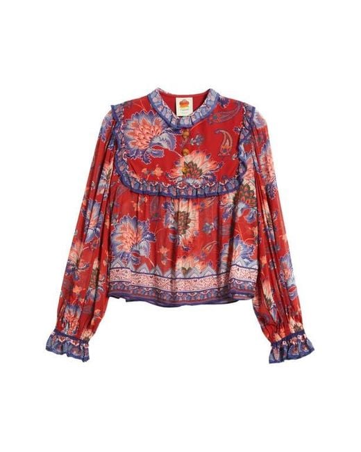 Farm Rio Red Luang Long Sleeve Popover Top