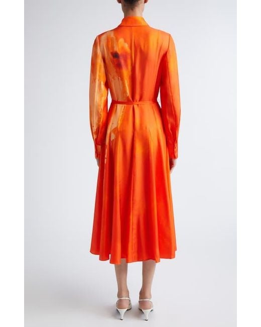 Jason Wu Red Watercolor Floral Print Pleated Long Sleeve Silk Twill Shirtdress