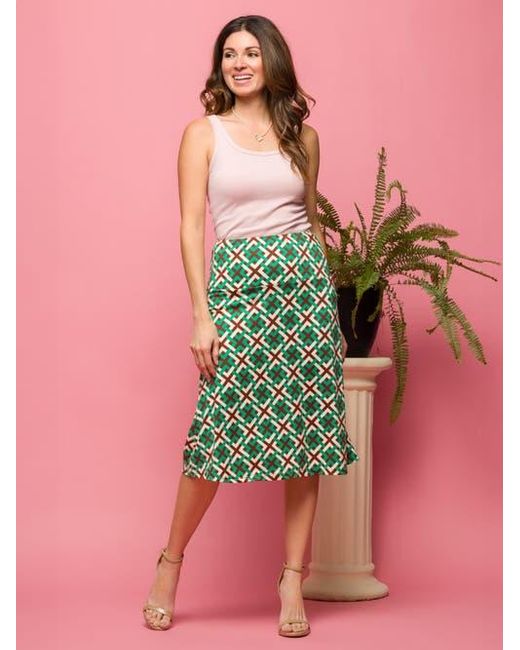 24seven Comfort Apparel Green Geometric Print Comfortable Elastic Waist Knee Length Skirt