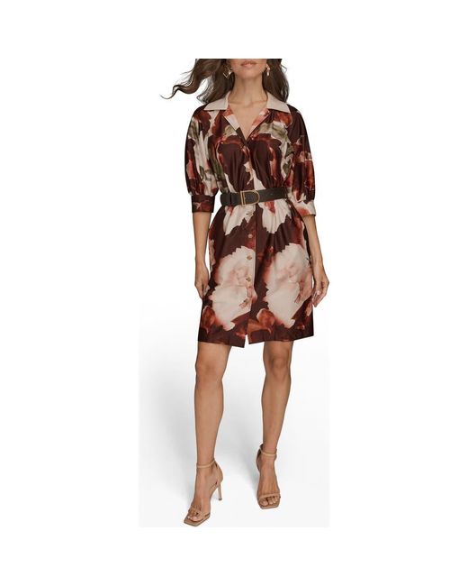 Donna Karan Brown Floral Print Belted Shirtdress