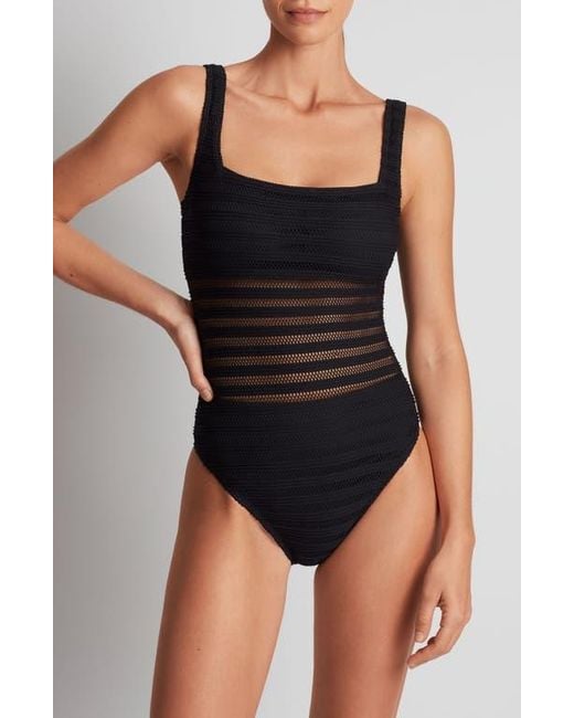 Ralph Lauren Black Mesh Stripe One-Piece Swimsuit