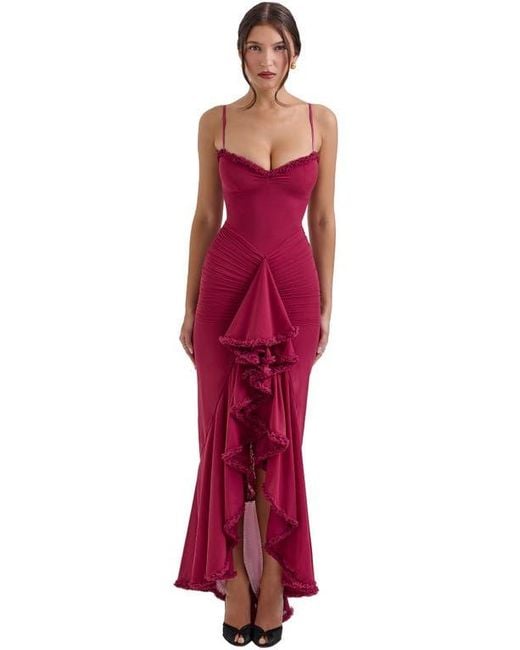 house of cb red mesh dress 'Lini' Deep Red Stretch Mesh Corset Maxi Dress