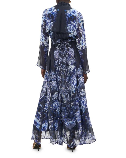 Camilla Blue Floral Cutwork Lace Collar Long Sleeve Silk Shirtdress
