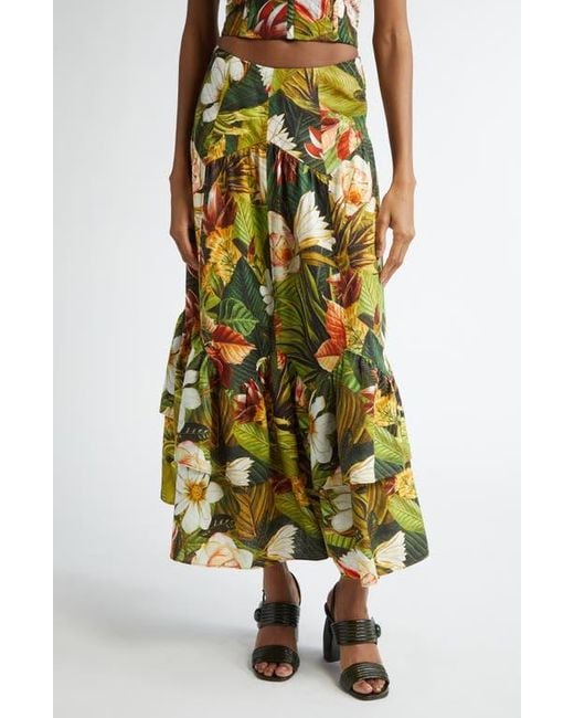 Farm Rio Green Botanical Forest Linen Blend Maxi Skirt
