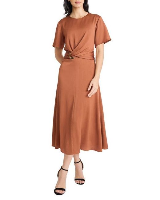 Maggy London Brown Buckle Detail Hammered Satin Midi Dress